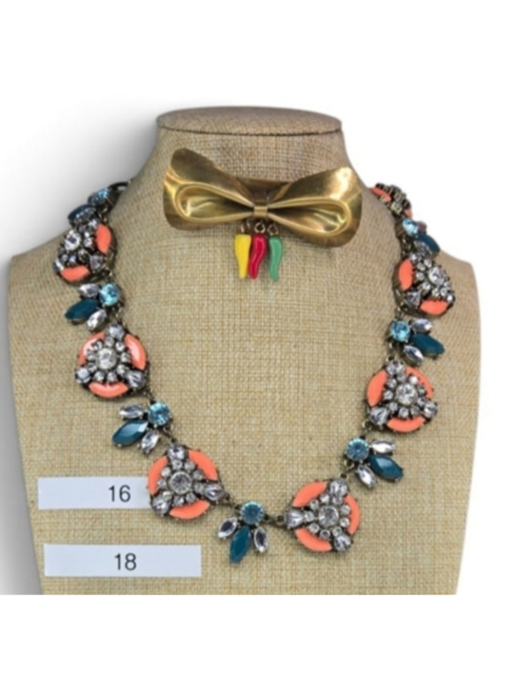 Vintage Joan Rivers Statement Necklace Orange Teal Glass Crystals Luxury Floral - Picture 2 of 11
